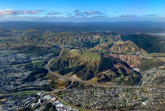 Wellington, New Zealand. Transmission Gully motorway or Te Aranui o Te Rangihaeata. Porirua City in the foreground. Upper Hutt and the Remutaka Forest Park in the distance.