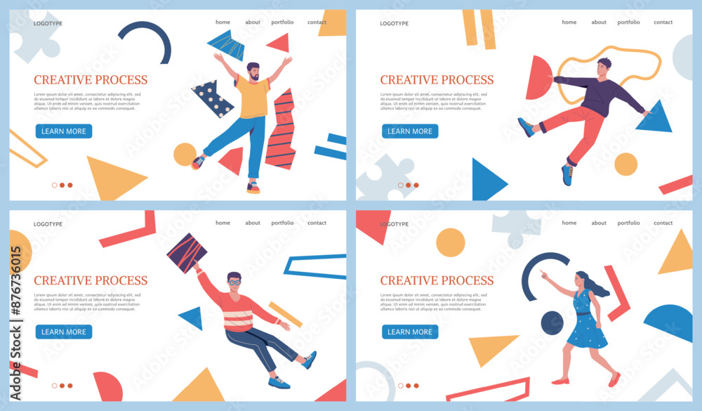 Poster Creative process landing page. Business brainstorm. Businessman finding innovative idea. Website template. People with abstract shapes. Creativity challenge. Vector web backgrounds set
