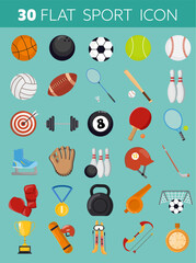 Collection of 30 Flat Sport Icons Including Equipment for Various Sports. vector illustrations