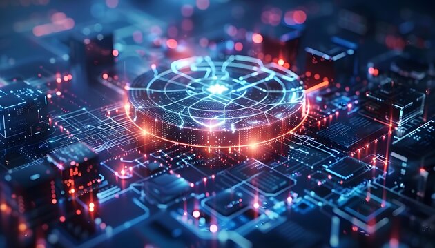 Abstract technology background of a quantum computing system with processor and electronic circuit. Artificial neurons, global data connections