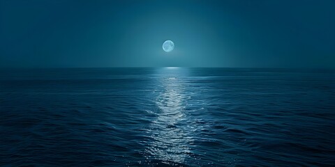 Expansive moonlit ocean view with a deep blue horizon. Concept Ocean Views, Moonlit Scenery, Deep Blue Horizon, Expansive Landscape