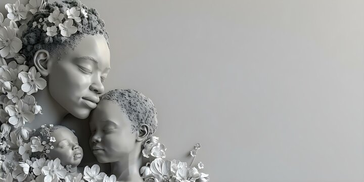 3D render of black mother and baby with floral elements on gray backdrop. Concept Motherhood, Floral Design, 3D Rendering, Black Representation, Gray Background