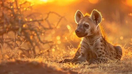 A young hyena basking in the golden light of the setting sun.