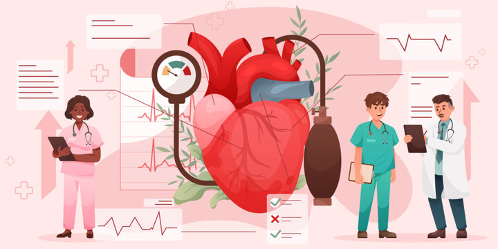 Heart health. Medical check by doctor. Hospital treatment. Cardiac disease. Research of patient organs. Cardiogram pulse. Medicine diagnostic. Cardiologists pulsimeter. Vector concept