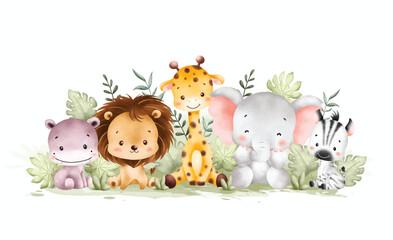 Watercolor Illustration Cute Baby Safari Animals and Tropical Leaves © Stella