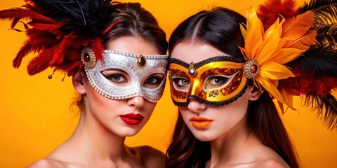 Fototapeta premium studio fashion two beautiful woman wearing Mardi gras mask, posing on background.
