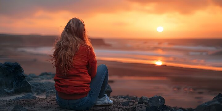 Woman seeking support during sunset mental health hotline offers counseling assistance. Concept Mental Health Support, Sunset Therapy, Counseling Hotline, Woman Seeking Help, Supportive Assistance