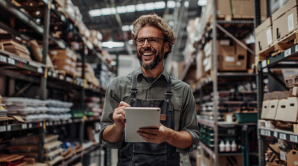 smiling and laughing salesman in a hardware warehouse standing checking supplies on his tablet