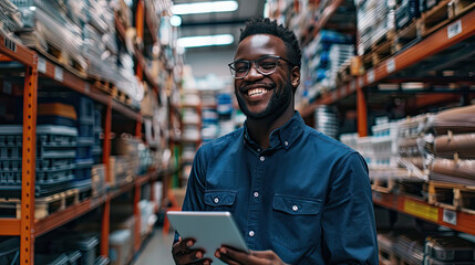 Fototapeta premium smiling and laughing salesman in a hardware warehouse standing checking supplies on his tablet