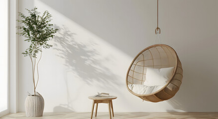 Modern interior, hanging chair on the wall, white background, wooden floor