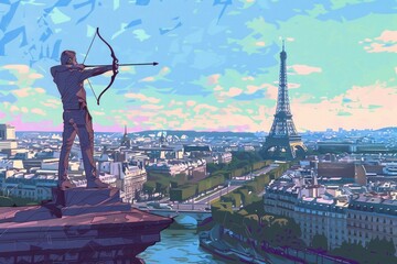 Fototapeta premium Archer Aiming High in Paris background