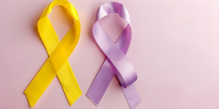 Raising awareness for endometriosis and cervical cancer with yellow and purple ribbons. Concept Health Awareness, Endometriosis, Cervical Cancer, Yellow Ribbon Campaign, Purple Ribbon Campaign