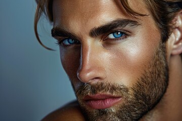 Obraz premium Beautiful and sexy looking man close-up studio portrait. Model with smokey eye shadows and bright skin