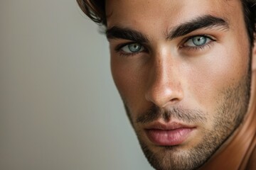 Obraz premium Beautiful and sexy looking man close-up studio portrait. Model with smokey eye shadows and bright skin