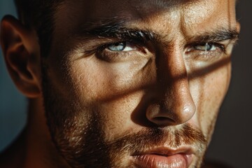 Fototapeta premium Beautiful and sexy looking man close-up studio portrait. Model with smokey eye shadows and bright skin