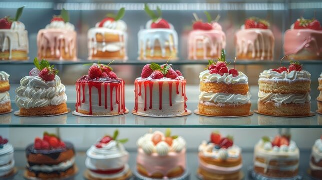 A display of cakes with strawberries on top