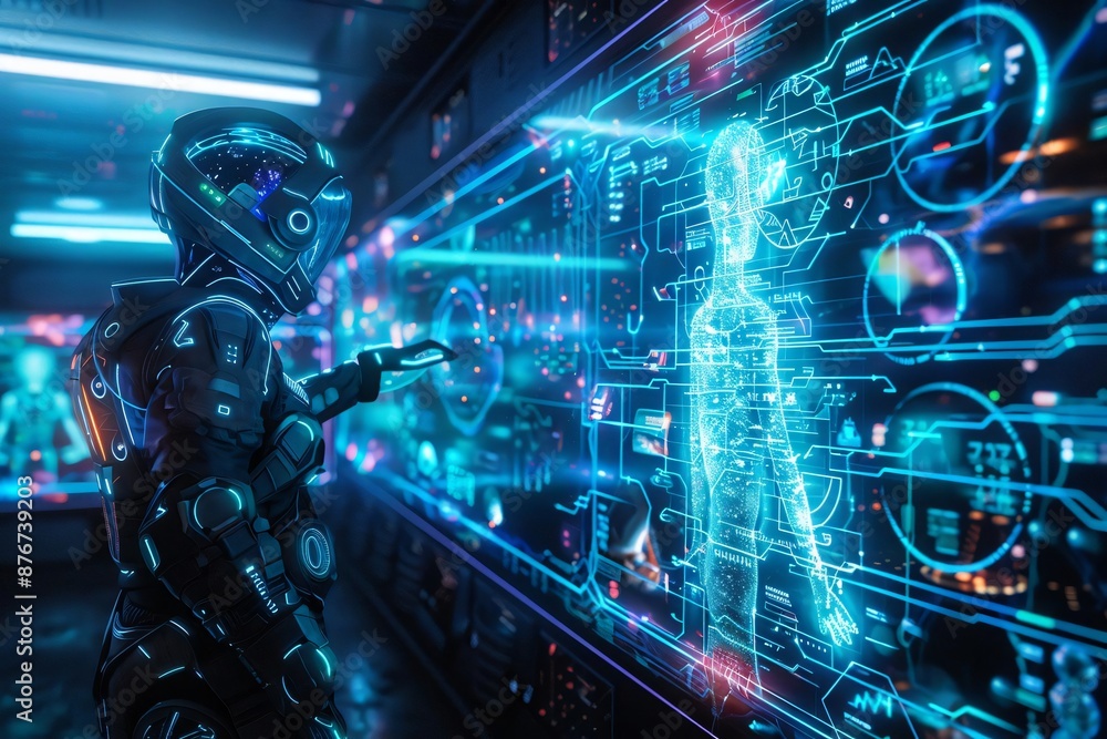 Poster futuristic scene of a humanoid robot interacting with a holographic interface, showcasing advanced t