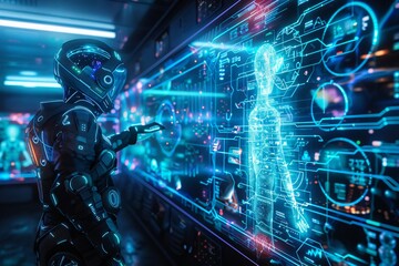 Futuristic scene of a humanoid robot interacting with a holographic interface, showcasing advanced technology and artificial intelligence.