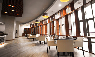 Interior of luxury restaurant. Contemporary design in loft style, modern dining place and copy space. The businessmen or dowager were always in there.