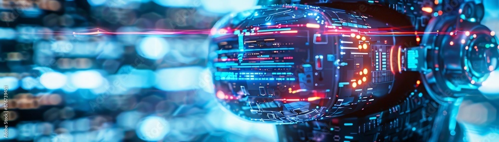 Poster futuristic artificial intelligence robot head with digital data streams, symbolizing advanced techno