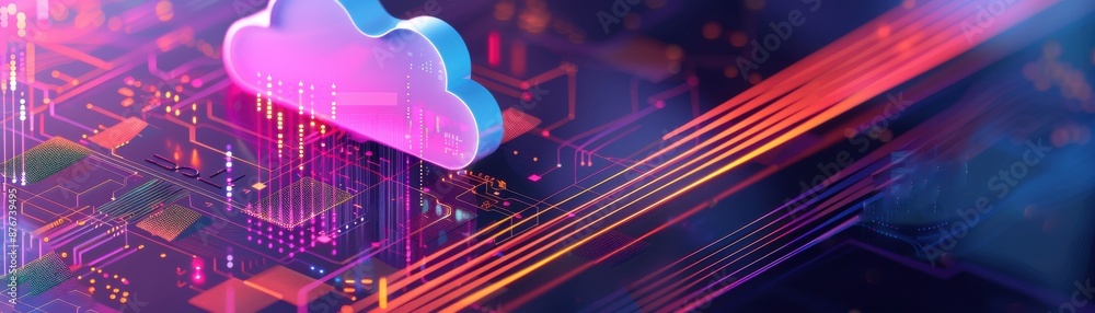 Poster futuristic cloud computing concept with vibrant lights and holographic elements showcasing digital c