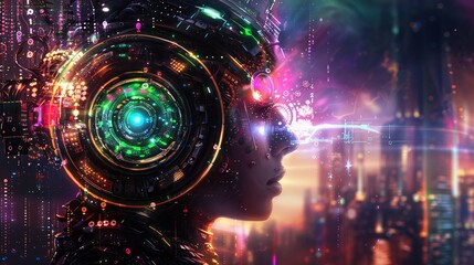Fototapeta premium Futuristic cyborg with glowing headset in vibrant neon cityscape, showcasing advanced technology and cyberpunk aesthetics.