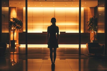 Silhouette of a receptionist in a corporate office lobby, greeting a visitor. The office is modern with sleek furnishings and a professional ambiance. The receptionist's posture is formal and