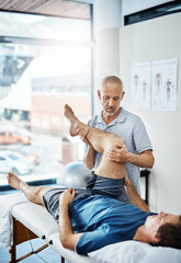 Physiotherapy, men and client with leg pain, care and healing with wellness, assessment and expert with skill. Chiropractor, physical therapist and patient with sports injury, healthy or consultation