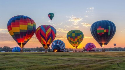 Obraz premium A field of hot air balloons is lit up in the evening sky