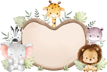 Watercolor Illustration Wooden Board and Baby Safari Animals © Stella