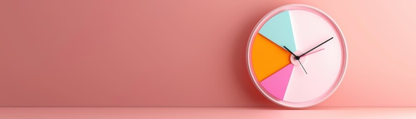Obraz premium Minimalist clock on pastel pink background with colorful segments. Modern design suitable for time management and interior decor themes.