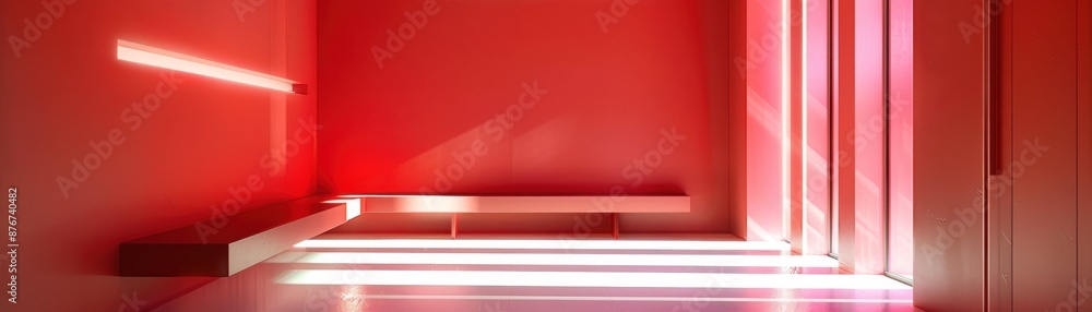 Poster modern interior with red lighting, abstract design and glowing neon lines creating a futuristic atmo
