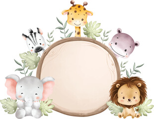 Watercolor Illustration Wooden Board and Baby Safari Animals © Stella