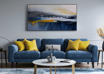 modern living room with an aqua blue sofa