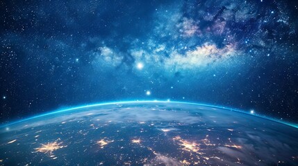 Obraz premium Background of earth from space with a blue sky and stars. 