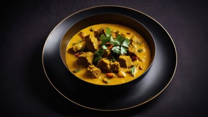 Elegant Portrayal of Classic Golden Curry with Herbed Rice - An Indian Culinary Delight