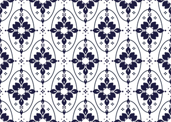 dark blue symbol floral on White background, ethnic fabric seamless pattern design for cloth, carpet, batik, wallpaper, wrapping etc.