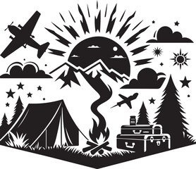 Fototapeta premium Hand Drawn Minimalist Camping Linocut Silhouette Elegant Black and White Icon Sleek Monochromia Vector