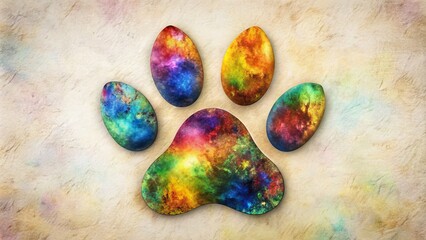 Paw Print Of A Dog Or Cat With Bright Rainbow Colors On A Beige Background.