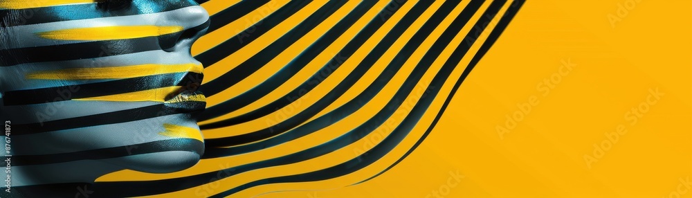 Poster striking abstract image combining yellow and black stripes overlayed on a face, creating a mesmerizi