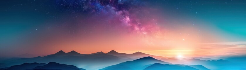 Fototapeta premium Stunning mountain landscape with a vibrant sunset and a starry night sky, perfect for nature enthusiasts and landscape photography lovers.