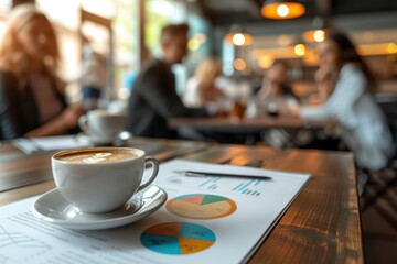 Marketing team analyzing campaign results over coffee, drinking coffee workplace, strategy meeting