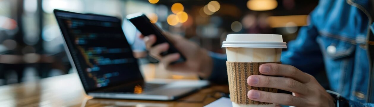 Developer enjoying coffee while coding on phone, drinking coffee phone coffee shop, tech work