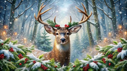 A Beautiful Deer With A Wreath Of Holly And Berries On Its Antlers Stands In A Snowy Forest.