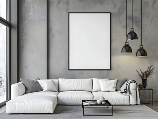 Modern living room with grey walls and white furniture. A white poster mockup hangs on the wall