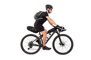 Cyclist on Touring Mountain Bike with Bags Isolated from Background