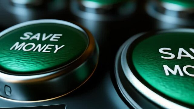 3D illustration vibrant green button with SAVE MONEY text emphasizing financial prudence, budgeting, cost saving for personal finance management