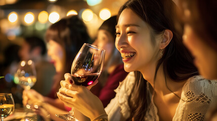 レストランでワインを飲む美しいアジア人女性