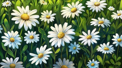 Fototapeta premium Natural field of daisies, flat design, top view, wildflower meadow theme, cartoon drawing, colored pastel
