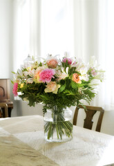 Flowers, home and spray for decoration or texture, sustainable bouquet and house plants. Indoor, posy and collection for interior design or botanical growth in apartment, leaves and bloom on table